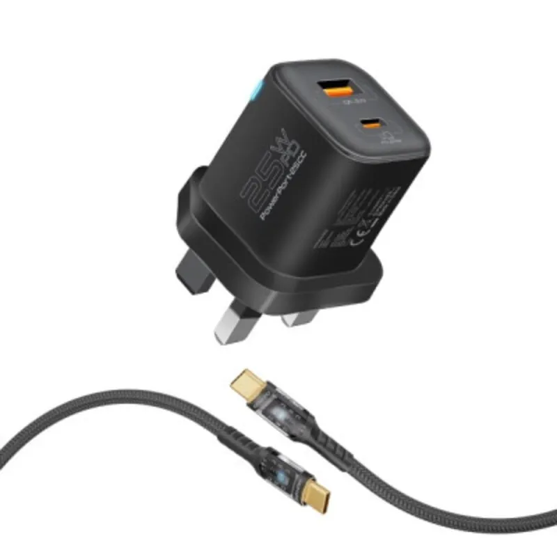 شاحن جداري بروميت 25 واط مع كابل USB-C شفاف 60 واط وضوء LED
