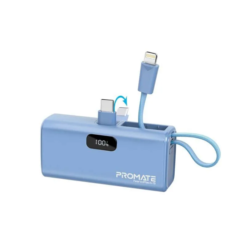 بطارية بروميت صغيرة 5000 مللي أمبير مع USB-C قابل للطي وكابل لايتنينغ