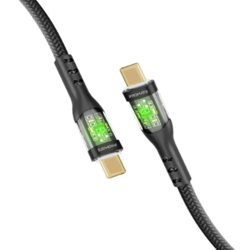 كيبل شحن USB-C Promate TransLine-CC 60W مع رأس شفاف مطلي بالذهب وضوء LED